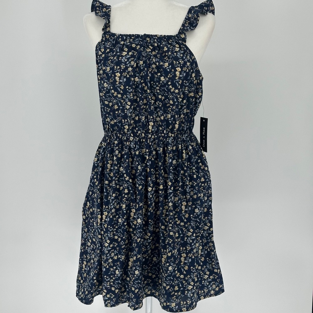 Doe & Rae Navy Floral Print Square Neck Ruffle Strap Dress Women's‎ Size L NWT